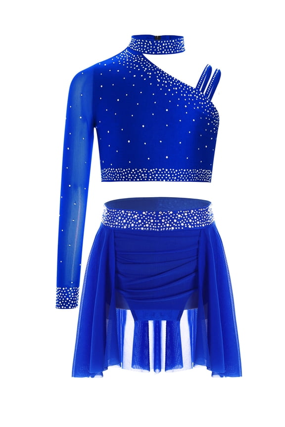 Kids Girls Ballet Lyrical Dance Outfits Rhinestones Crop Top and Leotard Skirt 2-Piece Ballroom Clothes Set Blue 16