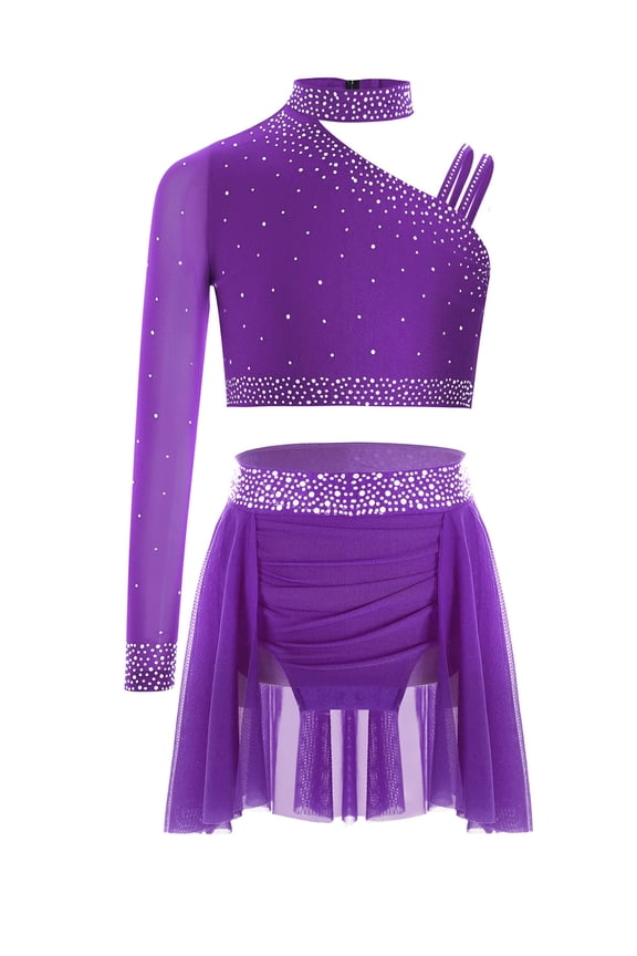 Kids Girls Ballet Lyrical Dance Outfits Rhinestones Crop Top and Leotard Skirt 2-Piece Ballroom Clothes Set Purple 16
