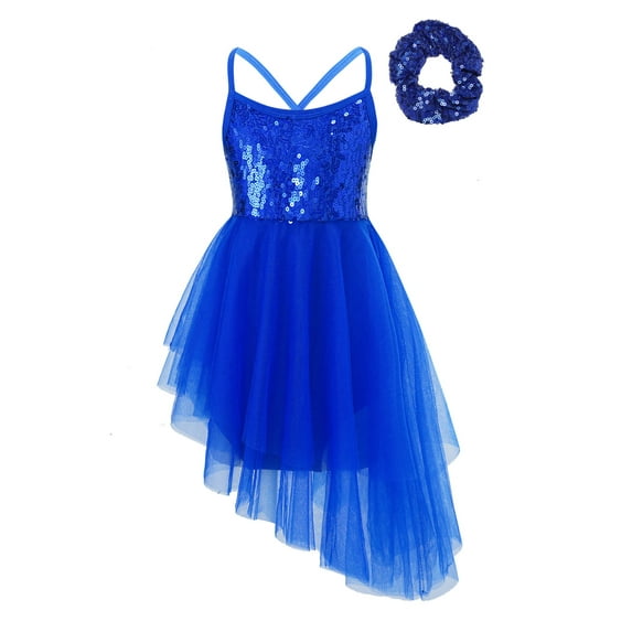 Haitryli Kids Girls Ballet Shiny Sequin Ballet Dance Skirted Sleeveless Tutu Dress with Hair Tie Blue 3XL