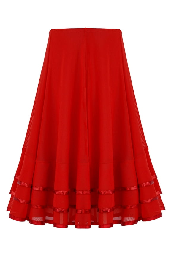 Kids Girls Ballroom Dance Skirt Swing Latin Salsa Belly Cha Cha Flamenco Dance Skirts Red 12