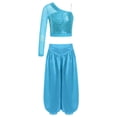 thumbnail image 1 of Haitryli Kids Girls Belly Jazz Dance Outfits Asymmetrical Shoulder Crop Top with Wide-Leg Bloomers Trousers Set Light Blue 16, 1 of 5