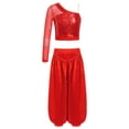 thumbnail image 1 of Haitryli Kids Girls Belly Jazz Dance Outfits Asymmetrical Shoulder Crop Top with Wide-Leg Bloomers Trousers Set Red 6, 1 of 5
