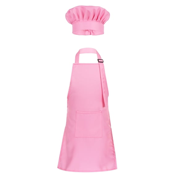 Haitryli Kids Girls Boys Cotton Adjustable Apron and Chef Hat Set with Pockets for Kitchen Cooking Pink S