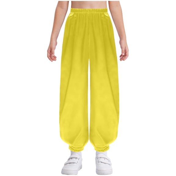 Haitryli Kids Girls Boys Martial Arts Pants Satin Kung Fu Trousers Tai Chi Elastic Waistband Solid Color Pants Yellow 6