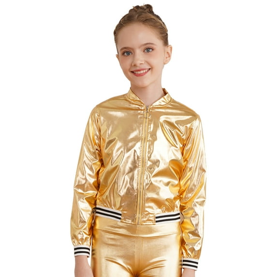Haitryli Kids Girls Boys Metallic Bomber Moto Jacket Coat Hip Hop Jazz Dance Top Disco Party Costume Gold 6