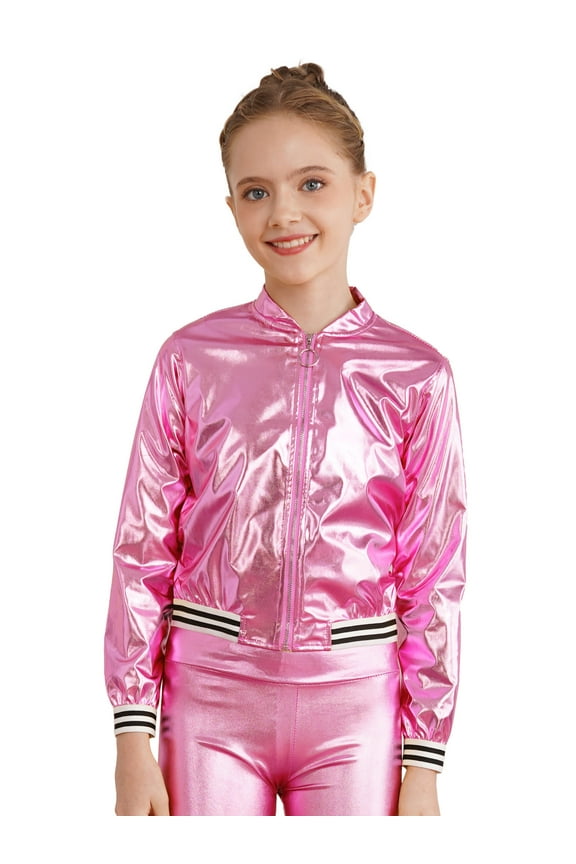 Kids Girls Boys Metallic Bomber Moto Jacket Coat Hip Hop Jazz Dance Top Disco Party Costume Pink 16