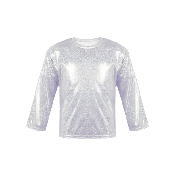 Haitryli Kids Girls Boys Modern Stage Show Dancing T-Shirt Bronzing Cloth Shiny Metallic Pullover Dance Shirt Silver 140