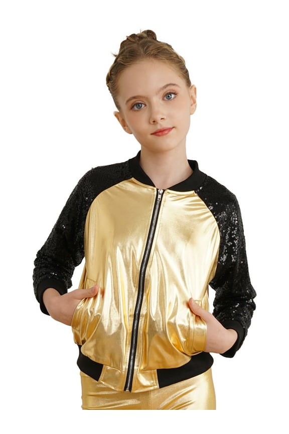 Kids Girls Boys Sequin Bomber Moto Jacket Coat Hip Hop Jazz Dance Top Disco Party Costume Gold 14