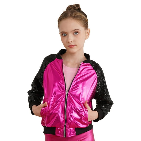 Haitryli Kids Girls Boys Sequin Bomber Moto Jacket Coat Hip Hop Jazz Dance Top Disco Party Costume Hot Pink 8