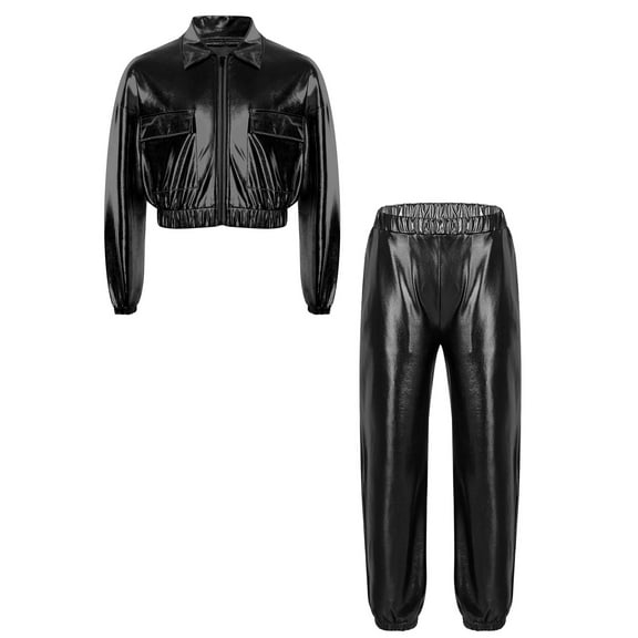 Haitryli Kids Girls Boys Shiny Hip Hop Jazz Street Dance Outfit Long Sleeve Zipper Bomber Jacket with Pants Set Black 16