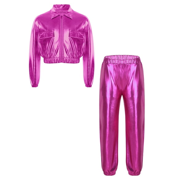 Haitryli Kids Girls Boys Shiny Hip Hop Jazz Street Dance Outfit Long Sleeve Zipper Bomber Jacket with Pants Set Hot Pink 14