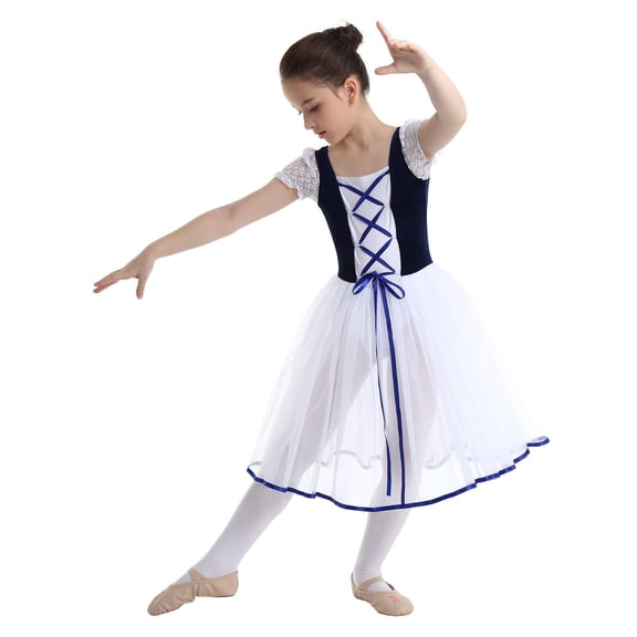 Haitryli Kids Girls Bubble Sleeve Ballet Dance Princess Dress Tutu Skirt Leotard Gymnastics Dancewear Navy Blue 5-6