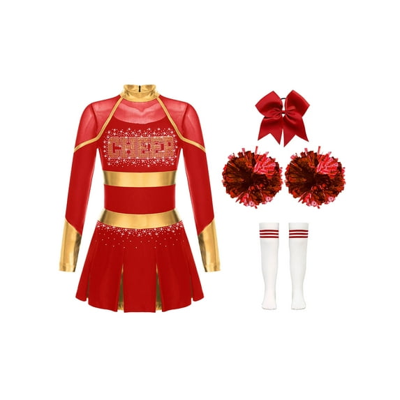 Haitryli Kids Girls Cheer Leader Carnival Clothes Set Long Sleeve Cheerleading Uniform Dress and Pom Pom Headwear Socks A Red 12