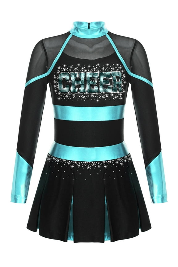 Kids Girls Cheer Leader Halloween Dress Up Party Costume Long Sleeve Cheerleading Uniform Dance Dress Dancewear Black&Blue Green 12