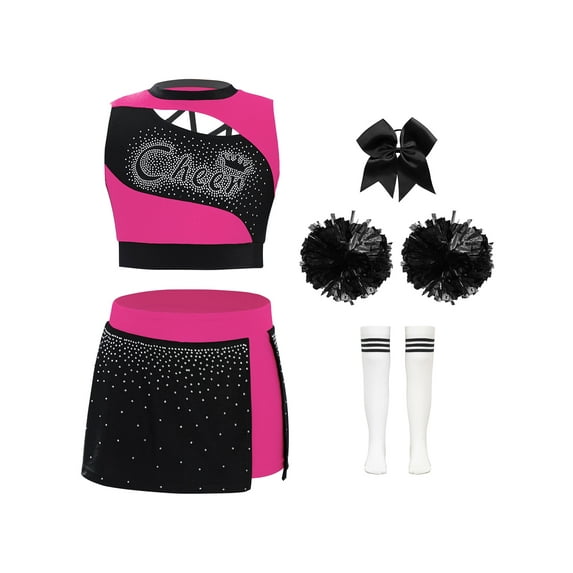 Haitryli Kids Girls Cheer Leader Party Cheerleading Outfit Carnival Uniform Crop Tops Skirt and Pom Pom Headwear Socks Set Dancewear A Hot Pink Black 16