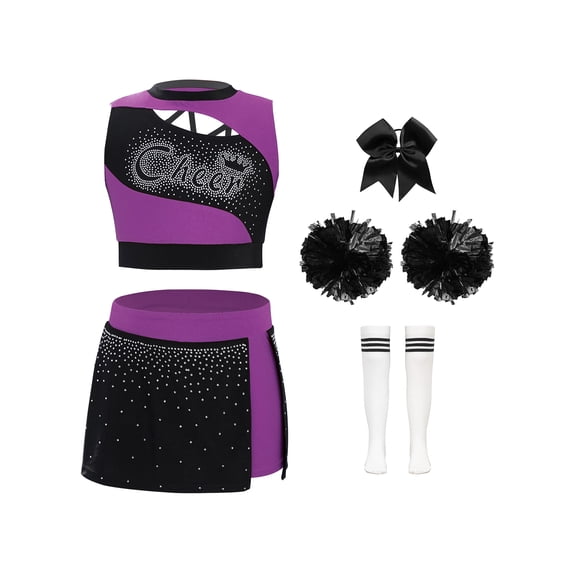 Haitryli Kids Girls Cheer Leader Party Cheerleading Outfit Carnival Uniform Crop Tops Skirt and Pom Pom Headwear Socks Set Dancewear A Purple Black 16