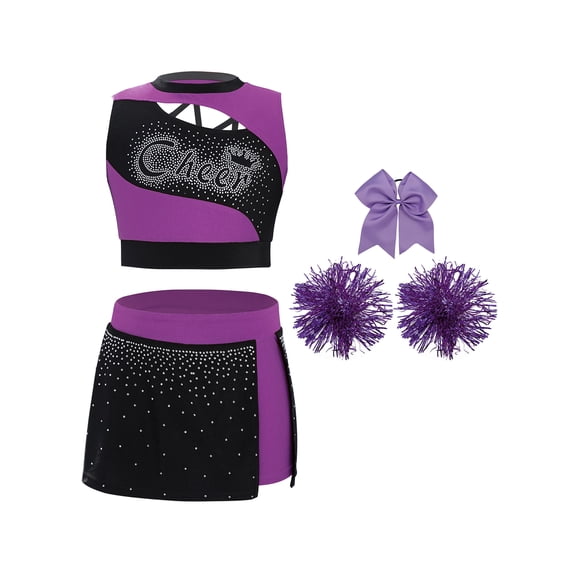 Haitryli Kids Girls Cheer Leader Party Cheerleading Outfit Carnival Uniform Crop Tops Skirt and Pom Pom Headwear Set Dancewear Purple 10