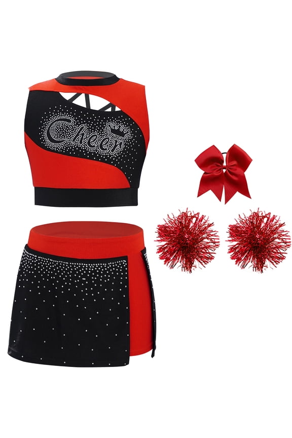 Kids Girls Cheer Leader Party Cheerleading Outfit Carnival Uniform Crop Tops Skirt and Pom Pom Headwear Set Dancewear Red 10