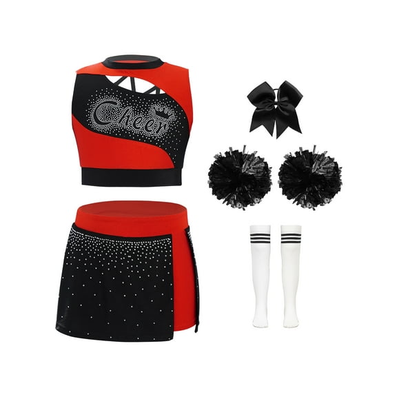 Haitryli Kids Girls Cheer Leader Party Cheerleading Outfit Carnival Uniform Crop Tops Skirt and Pom Pom Headwear Socks Set Dancewear A Red Black 8