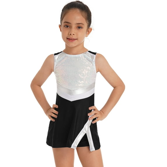 Haitryli Kids Girls Cheerleading Outfit Cheer Leader Uniform Sequin Dress and Shorts Set Black 14