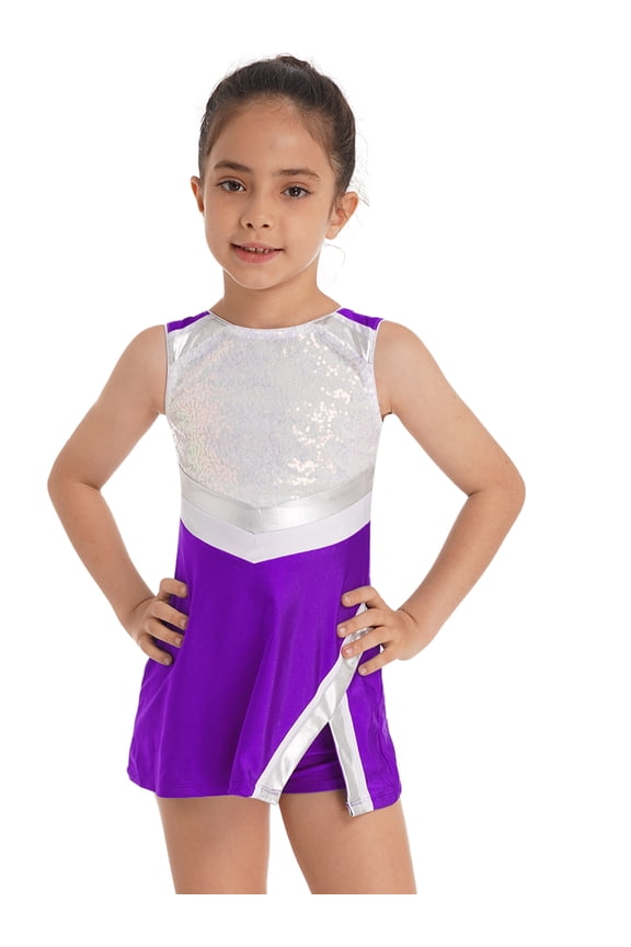 Kids Girls Cheerleading Outfit Cheer Leader Uniform Sequin Dress and Shorts Set Purple 6