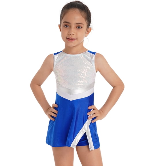 Haitryli Kids Girls Cheerleading Outfit Cheer Leader Uniform Sequin Dress and Shorts Set Royal Blue 8