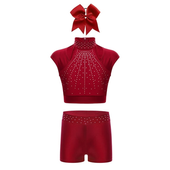 Haitryli Kids Girls Cheerleading Outfits Athletic Rhinestone Crop Top with Shorts and Headwear Yoga Costume Burgundy 10