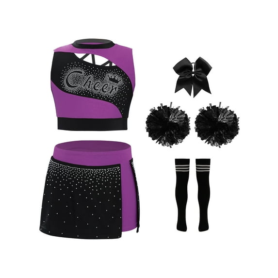 Haitryli Kids Girls Cheerleading Uniform Party Fancy Dress Outfit Crop Top Skirt with Headwear Pom Poms Socks Set Purple 16