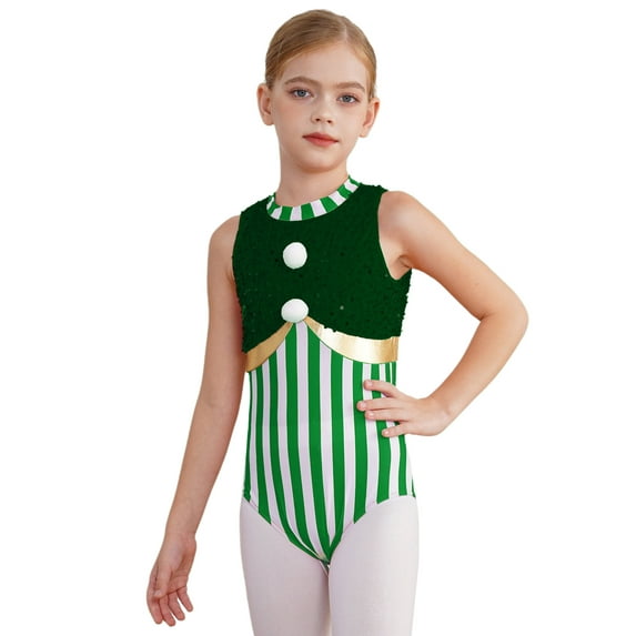 Haitryli Kids Girls Christmas Bodysuit Xmas Candy Cane Striped Sequins Ballet Dance Leotard Unitard Green 16