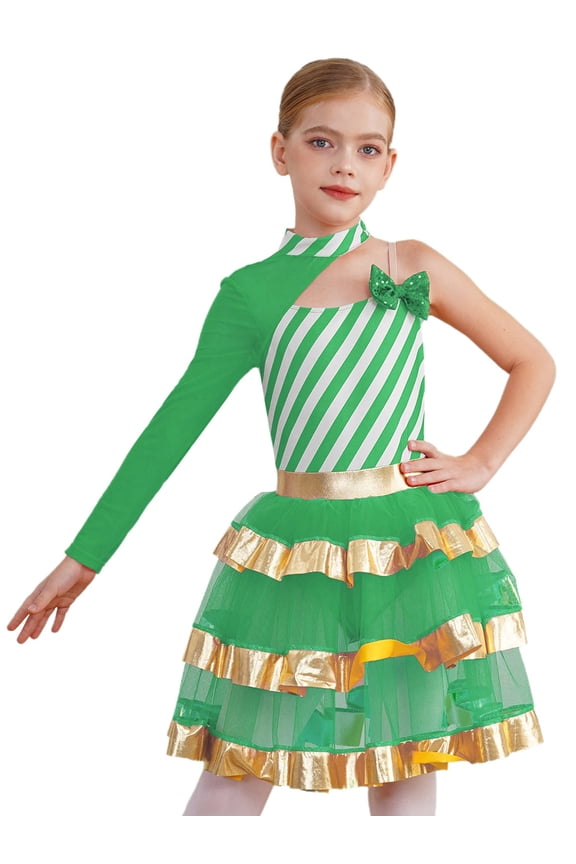 Kids Girls Christmas Dance Dress Figure Skating Dress Candy Cane Striped Sequins Tiered Tutu Dress Green 6