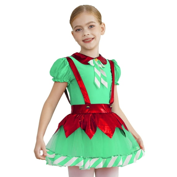 Haitryli Kids Girls Christmas Elf Dress Puff Sleeve Tutu Dress Figure Skating Dance Leotard Green 10