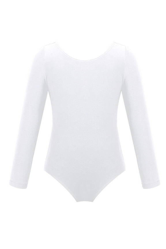 Kids Girls Classic Long Sleeves Cotton Ballet Dance Gymnastic Leotard Athletic Unitard White 4