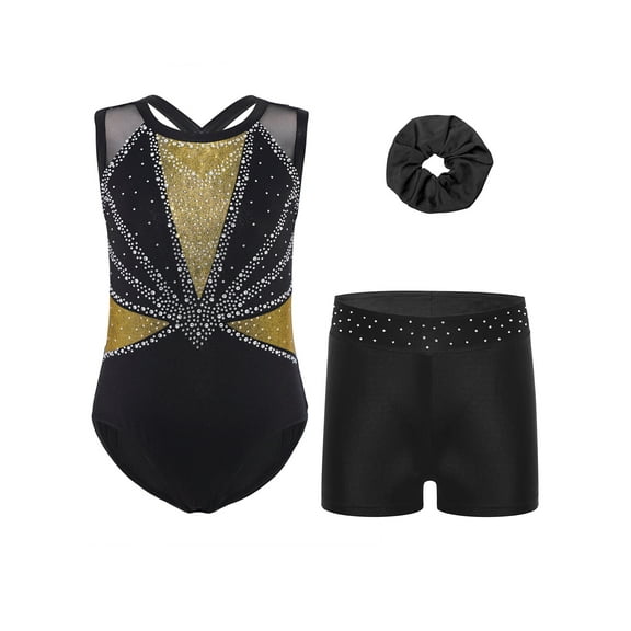 Haitryli Kids Girls Dance Gymnastics Performance Outfit Sleeveless Rhinestones Leotard with Shorts and Hairband Black Gold 5-6