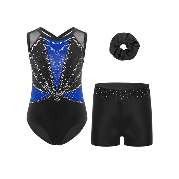 Haitryli Kids Girls Dance Gymnastics Performance Outfit Sleeveless Rhinestones Leotard with Shorts and Hairband Blue 11-12