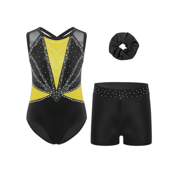 Haitryli Kids Girls Dance Gymnastics Performance Outfit Sleeveless Rhinestones Leotard with Shorts and Hairband Yellow 7-8