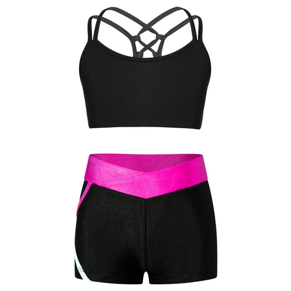 Haitryli Kids Girls Dance Outfit Gymnastics Crop Tank Camisole with Yoga Shorts Booty Shorts Set B Hot Pink 8