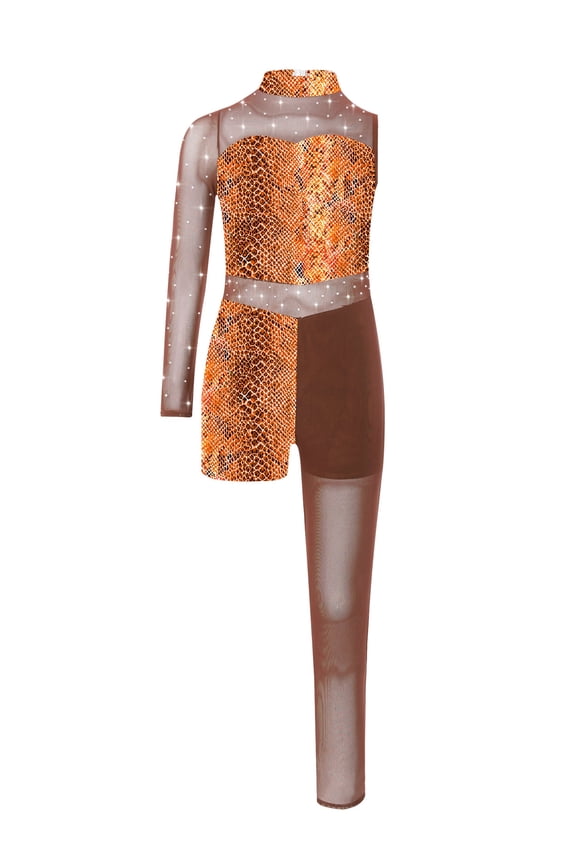 Kids Girls Dance Unitard Gymnastics Leotard Bodysuit Asymmetrical Printed Jumpsuit Figure Skating Catsuit Orange Snakeskin 6