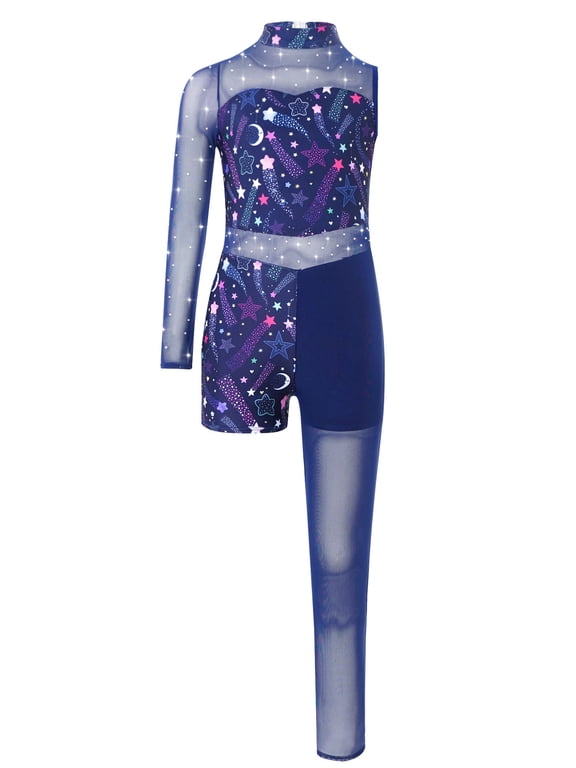 Kids Girls Dance Unitard Gymnastics Leotard Bodysuit Asymmetrical Printed Jumpsuit Figure Skating Catsuit Star 16