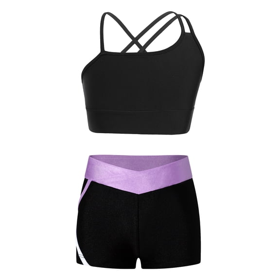 Haitryli Kids Girls Dancing Clothing Set Criss Cross Back Tank Top with Shorts Outfit Ballet Jazz Lavender 14