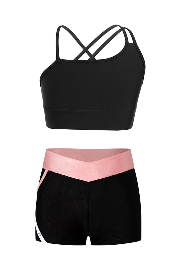 Kids Girls Dancing Clothing Set Criss Cross Back Tank Top with Shorts Outfit Ballet Jazz Pink 6