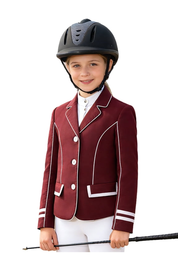 Kids Girls Equestrian Blazer Long Sleeve Horse Riding Shirts Equestrian Show Coat Athletic Jackets Burgundy 4