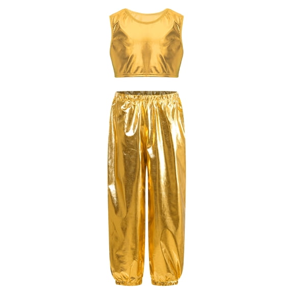Haitryli Kids Girls Fashion Hip Hop Dance Outfits Costume Shiny Metallic Sleeveless Crop Top with Pants Gold 7-8