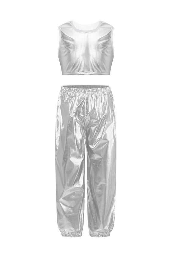 Kids Girls Fashion Hip Hop Dance Outfits Costume Shiny Metallic Sleeveless Crop Top with Pants Silver 14-15