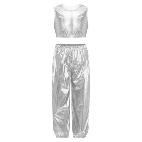 Haitryli Kids Girls Fashion Hip Hop Dance Outfits Costume Shiny Metallic Sleeveless Crop Top with Pants Silver 7-8