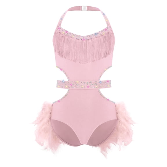 Haitryli Kids Girls Feather Tutu Skirt Leotard Rhinestone Latin Dance Unitard Jazz Modern Lyrical Dancewear Pink 12