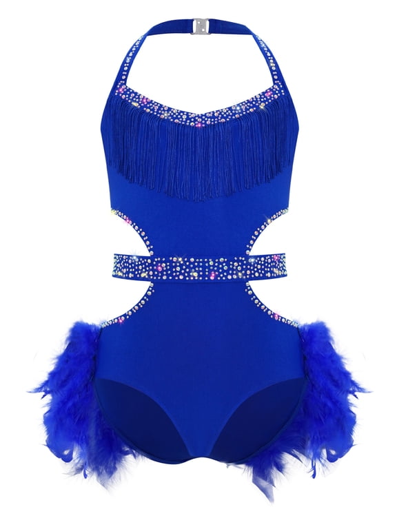 Kids Girls Feather Tutu Skirt Leotard Rhinestone Latin Dance Unitard Jazz Modern Lyrical Dancewear Royal Blue 8