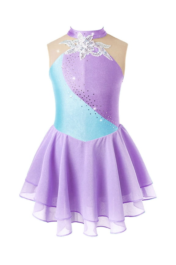 Kids Girls Figure Ice Skating Dress Ballet Dance Tutu Dress Sleeveless Gymnastic Leotard Lavender 8