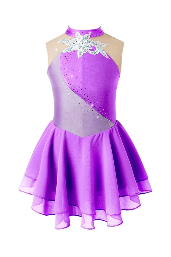 Kids Girls Figure Ice Skating Dress Ballet Dance Tutu Dress Sleeveless Gymnastic Leotard Purple 8