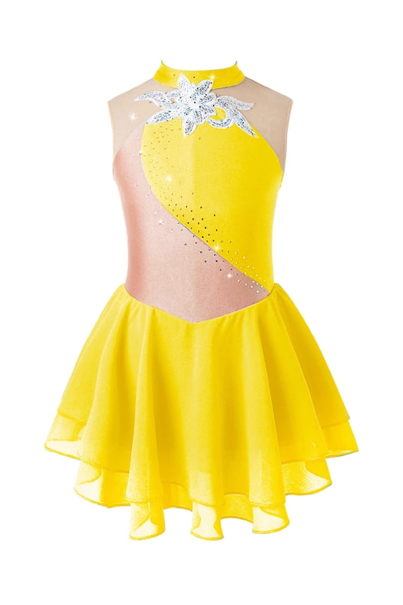 Kids Girls Figure Ice Skating Dress Ballet Dance Tutu Dress Sleeveless Gymnastic Leotard Yellow 12
