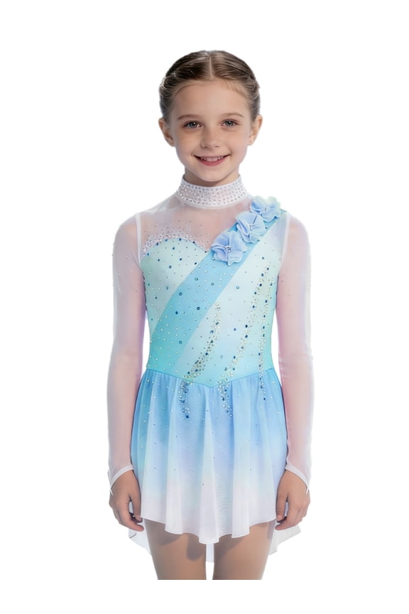 Kids Girls Figure Ice Skating Dress Long Sleeve Dance Leotard Gradient Dress for Practice Training Light Blue 6